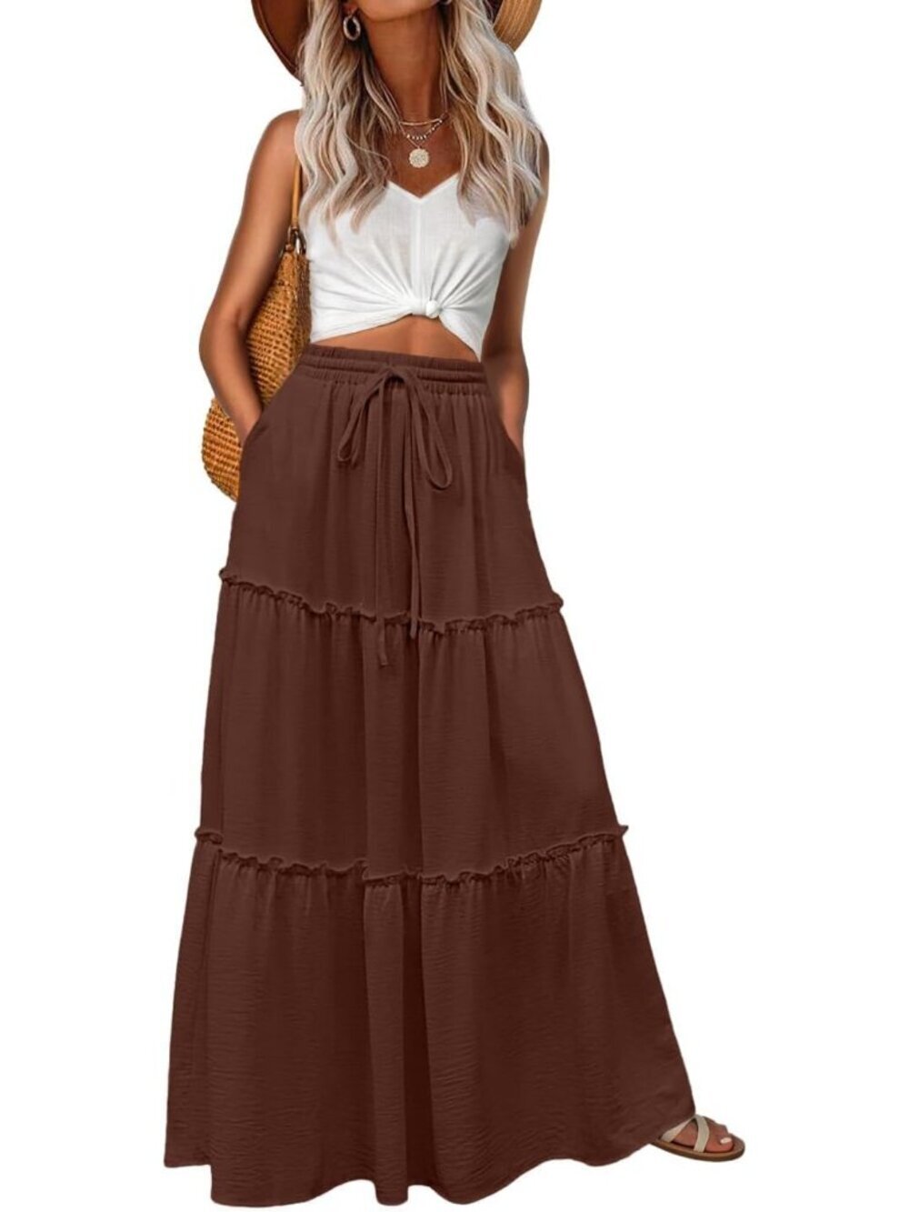 Women's Boho High Waisted Brown Maxi Skirts Tiered Floral Long Skirts Pockets